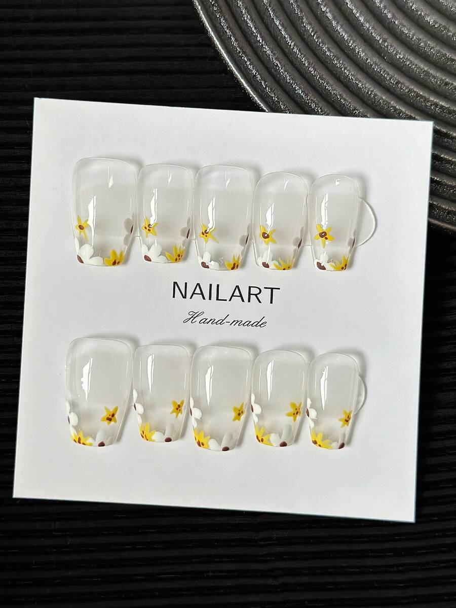 Paquete de 10 piezas Puntas de uñas transparentes con diseños florales pintados a mano en forma de ataúd francés, uñas postizas de cobertura completa brillantes DIY