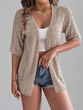 夏季新款镂空短袖针织开衫女度假沙滩防晒薄外套卡其色