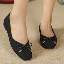 Crocodile Embossed Bow Decor Ballet Flats, Black Elegant Bowknot Solid Color Ballet Flats For Women Valentines