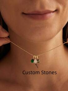 1 件钛钢镀金锆石水滴吊坠项链，可定制女士节日配饰 - 金色 - 查看 1