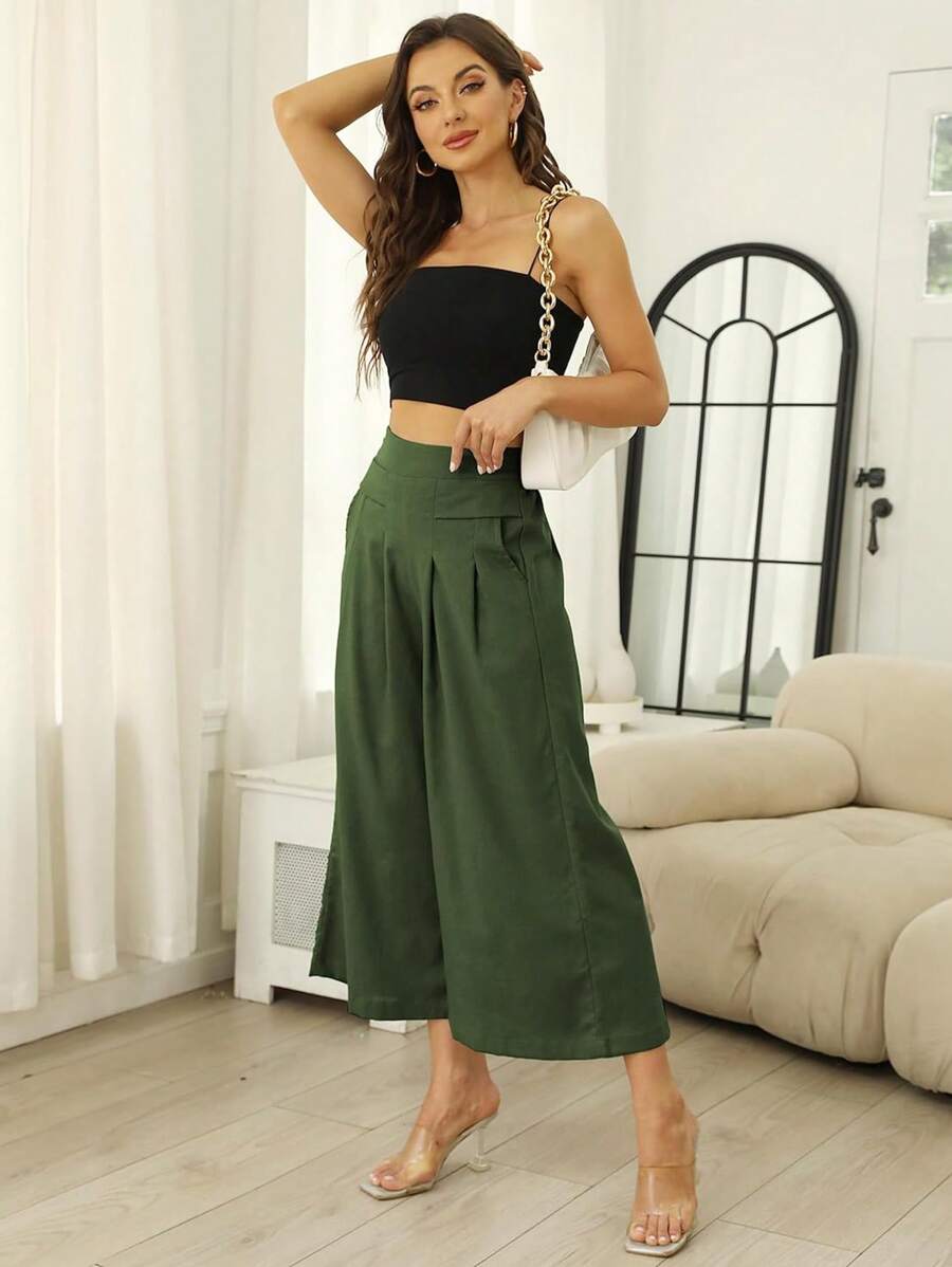 Linen Pants For Women Culottes Capris Wide Leg Palazzo Boho Pants Trousers - Army Green - View 1