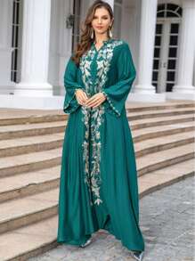 Plus Size Muslim Middle East Long Robe Dress, Abaya Embroidery Sequin Robe, Dubai Women Robe - Green - View 7