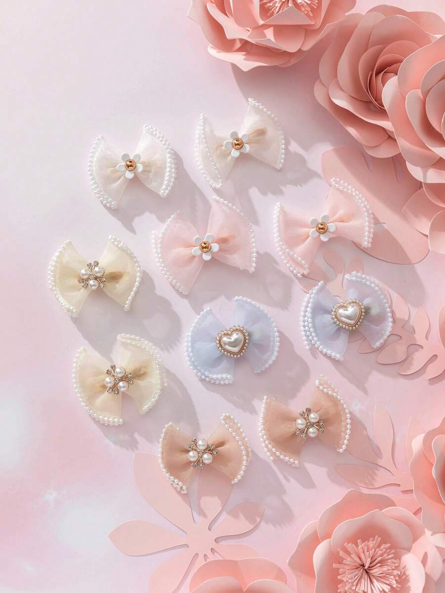 10pcs Chinese Style Pearl Lace Bow Kids Hair Clips