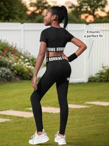 2 件套青少年女孩运动套装，吸湿排汗速干透气健身瑜伽运动短款上衣和紧身裤 - 黑色 - 查看 2