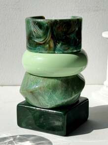 1pc Springtime Fresh Green Gradient Square & Circle Thick Resin Bracelet, Fashionable & Versatile Women's Jewelry, Personalized Gift - Multicolor - View 5