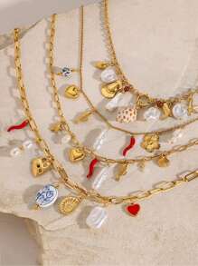 1 件时尚不锈钢珍珠心形项链，高品质定制钛钢锁骨链