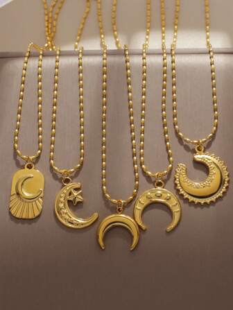 Magic Fish 1pc Gold Stainless Steel Rice Bead Chain Crescent Moon & Star Pendant Necklace, Gift For Friends & Family, Ramadan Gift, Suitable For Daily Wear