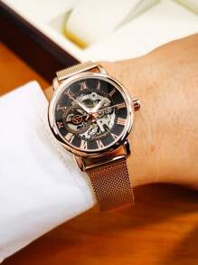 FORSINING 1pc Fashion Rose Gold Mechanical Watches Luminous Hands Mesh Stainless Steel Strap Classic Skeleton Roman Numeral Scale Dial Business Elegant Ladies Watches Top Brand Luxury Christmas Day New Year Birthday Gifts