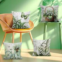 4pcs Lily Of The Valley Butterfly Print Pillowcase Set - 45*45cm Plush Velvet Pillow Cover - Multicolor - View 5