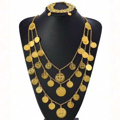 Retro Multi-Layer Coin Pendant Necklace & Bracelet Jewelry Set, Bohemian Style