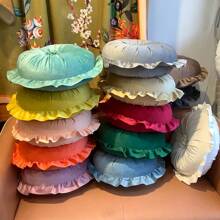 天鹅绒荷叶边圆形装饰抱枕，法式纯色花卉靠垫，适合客厅、沙发、办公室