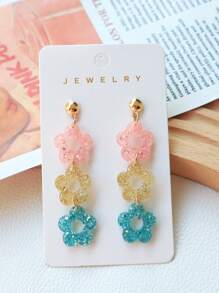 1 Pair Acrylic Bling Bling Flower Earrings In Sweet Pink, Yellow And Blue, Glittering Lovely Design, Suitable For Women As Party/Holiday Gift