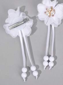 2个白色花朵发夹，珍珠装饰长尾发夹，时尚鳄鱼夹发饰，女孩礼物 - 白色 - 查看 7