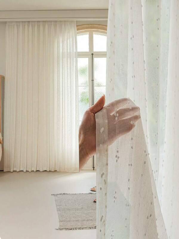 1pc Bohemian Rainbow Striped Embroidered Sheer Curtain, With Rod Pocket Design, Easy To Hang, Soft Polyester Fabric, Rainbow Stripe Embroidery, Available In Multiple Sizes To Meet Different Scenarios, Suitable For Bedroom, Bathroom, Living Room, Kitchen, Office, Home Decor