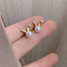 1 Pair Cute Rabbit Ear Earrings With Pearl And Rhinestone Inlaid, Pearl Pendant Earrings, Left And Right Designs, Butterfly Pearl Earrings, Easter Element Earrings, Carnival Gifts, Thanksgiving Commemorative Gifts, Easter Gifts Choice, Adorable Rabbit Ear Earrings, Easter Earrings