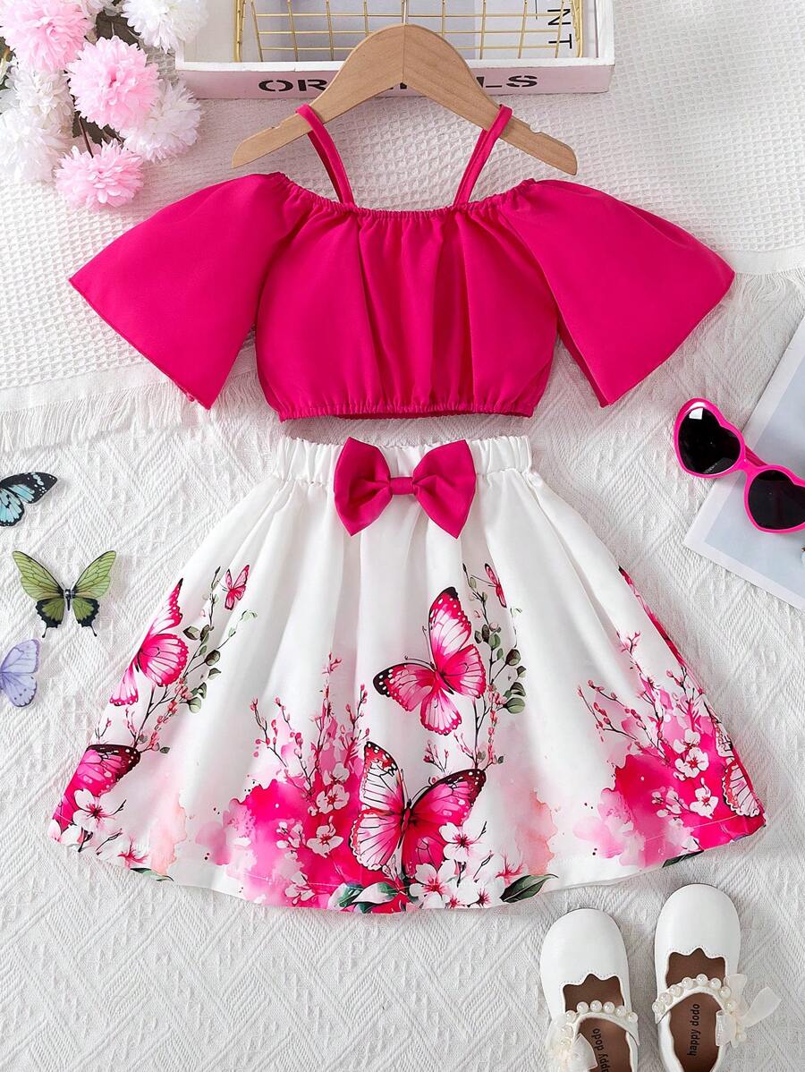 Bộ 2 chiếc áo trễ vai không tay màu trơn đơn giản thời trang cho bé gái & chân váy mini thắt nơ lưng thun in họa tiết bướm, dành cho mùa hè hàng ngày - Nhiều màu - Xem 1