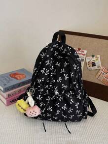 1pc Black Nylon Casual School Style Fresh Allover Print Bow Drawstring Large Capacity Foldable Backpack With Cartoon Decor Zipper, Suitable For Teenagers, College Students, And Women For Daily Commuting, Shopping, Travel, Graduation Gift, Cute Bow Backpack