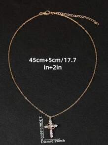Hypoallergenic Copper - Based Gold - Plated Cross Necklace, Crown - Adorned, For Daily & Festive Wear, Set With Shimmering Cubic Zirconia