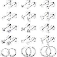 30pcs Small Hypoallergenic Flat Back Earrings, 14K Gold Plated Surgical Stainless Steel Earring Set, Unisex Screw Back Cartilage Earrings