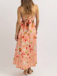 Women's Strapless Long Dress GrapeCocktail Glass Print Tie Bow Back Flowy A-Line Dress - 粉色 - 查看 6