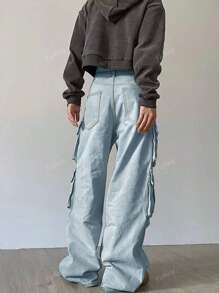 90s Y2K High Waist Flap Pocket Werk Cargo Jeans Boyfriend Versleten Losse Fit Streetwear Denim Broek
