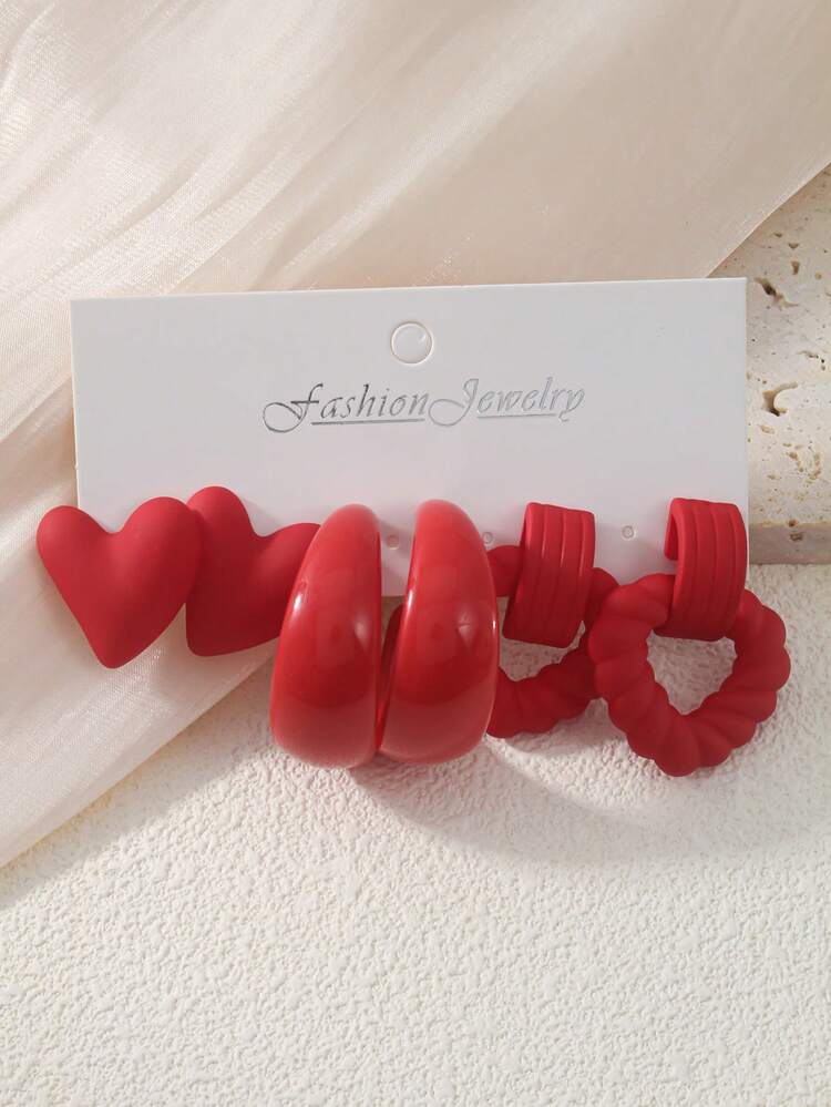 6 件/套波西米亚风格红色心形吊坠耳环，适合女士佩戴，轻质 CCB 材质珠宝适合所有季节，是节日礼物的理想选择，适合日常生活或派对佩戴 - 紅色 - 查看 3