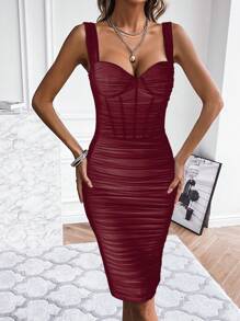 Women's Strap  Dress Mesh Bodycon Cocktail Party Fishbone  Dress - 酒紅色 - 查看 4