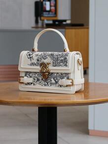 Women's Fashion White Tote Bag With Floral Embroidery In Leather, Square Clasp Closure, Women's Bag 2025 Spring/Summer, Shoulder Strap Crossbody Commuter Handbag