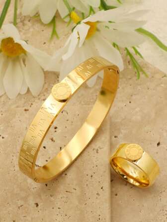 1 套/2 件不锈钢珐琅手镯戒指套装女士圆形罗马数字手链金色新款手镯首饰套装