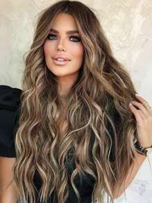 26 Inch Brown Highlight Long Body Natural Wave Synthetic Wig For Women Middle Part Natural Looking Wig For Girl Daily School Mother Day Wear Use - 彩色 - 查看 1