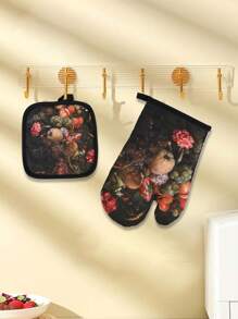 2pcs Thickened Polyester Heat Resistant Oven Gloves, Printed Oven Mitts For Kitchen Baking, Microwave Use, Non-Slip Kitchen Tools, Festive Holiday Cooking Gifts Friendly For Home And Kitchen Organization - Multicolor - View 4