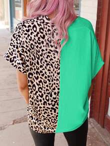 Acelitt 夏季女式撞色拼接豹纹休闲宽松衬衫 - 綠色 - 查看 2