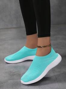 女士轻便舒适黑色平底休闲便鞋，透气针织 - 綠色 - 查看 3