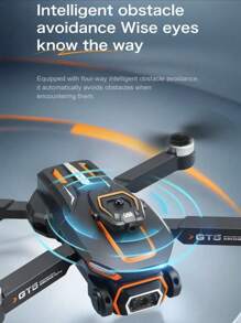 Drone de control remoto GT5 de alta configuración, con evasión de obstáculos omnidireccional inteligente, despegue/aterrizaje con un solo clic, ajuste de velocidad multigear para vuelo de alta velocidad y larga duración. Es un quadricóptero con potente motor sin escobillas, transmisión de imagen en tiempo real y estabilidad de vuelo por flujo óptico. Equipado con una cámara de 90° controlada electrónicamente y una cámara inferior para fotografías de alta definición de doble ángulo