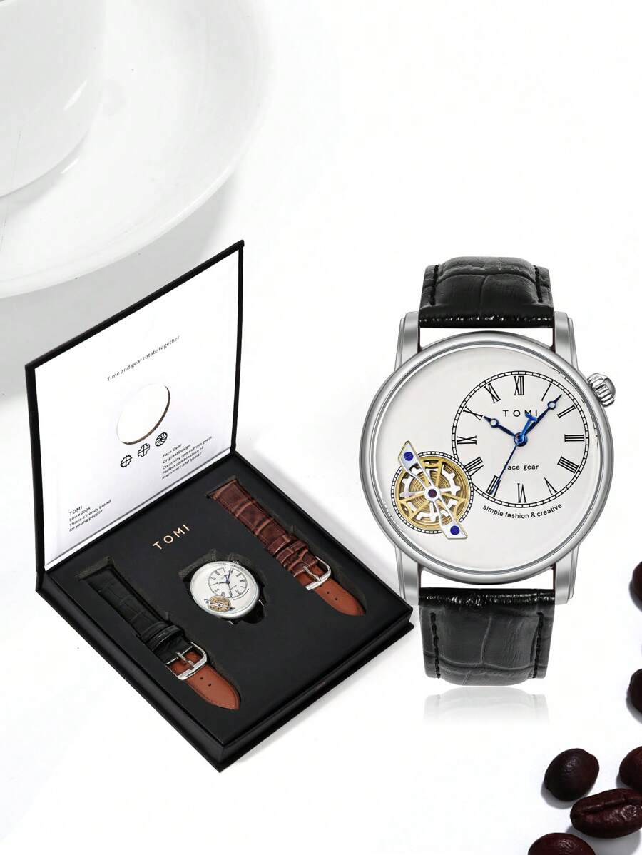 TOMI Men's Quartz Watch With Rotating Gear Second Hand Function And Interchangeable Strap, Gift Box Packaging, Suitable For Daily Life, Holiday/Festive Use - Black - View 1
