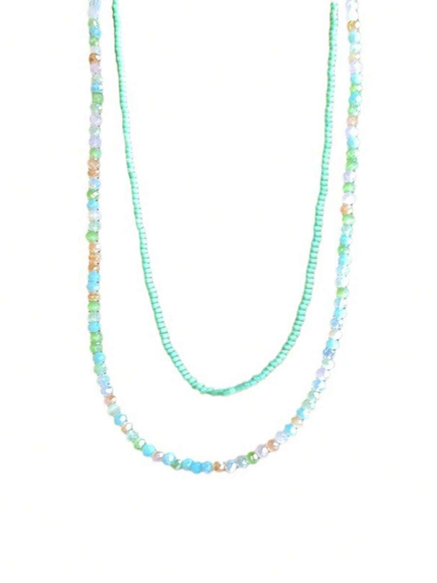 1 Set Mint Green Beaded Layered Necklace, Summer Collarbone Chain Beach Accessory - Multicolor - View 1