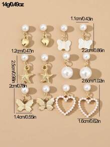 6 对心形和蝴蝶珍珠装饰耳环套装，适合女孩，日常时尚配饰 - 彩色 - 查看 2