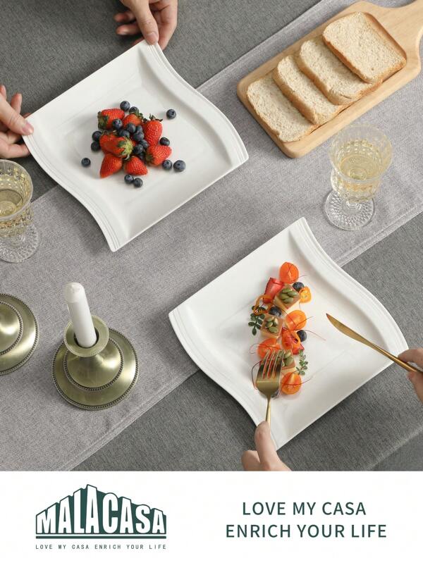 MALACASA 6-Piece Poreclain Dessert Plate Set, White, Service For 6 People, 8inch