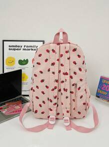 1 件草莓印花休闲轻便可折叠涤纶背包，带多个口袋，拉链开合，适合青少年、大学生、女性、日常通勤、购物、旅行、返校、毕业礼物