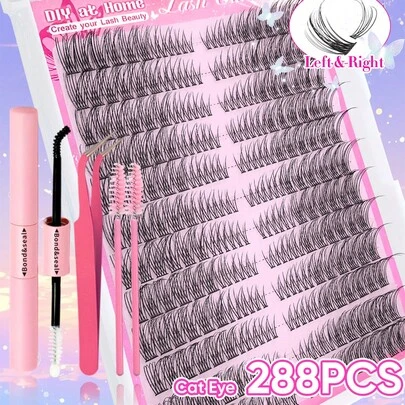 288pcs Natural D Curl Cat Eye Individual Lashes, 8-16mm, Lightweight, Soft, DIY Eyelash Extension Kit With Makeup Tools, Glue, Tweezers And Brush, Suitable For Beginners, Daily Wear, Gift Set, Spring Eyelash Extension Kit, False Lashes, Eyelash Extensions