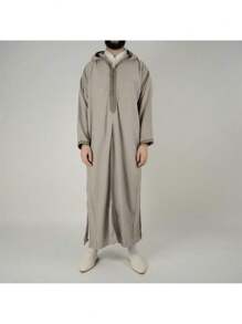 Men's Casual Side Slit Hooded Long Jacket, Autumn - Grey - View 2