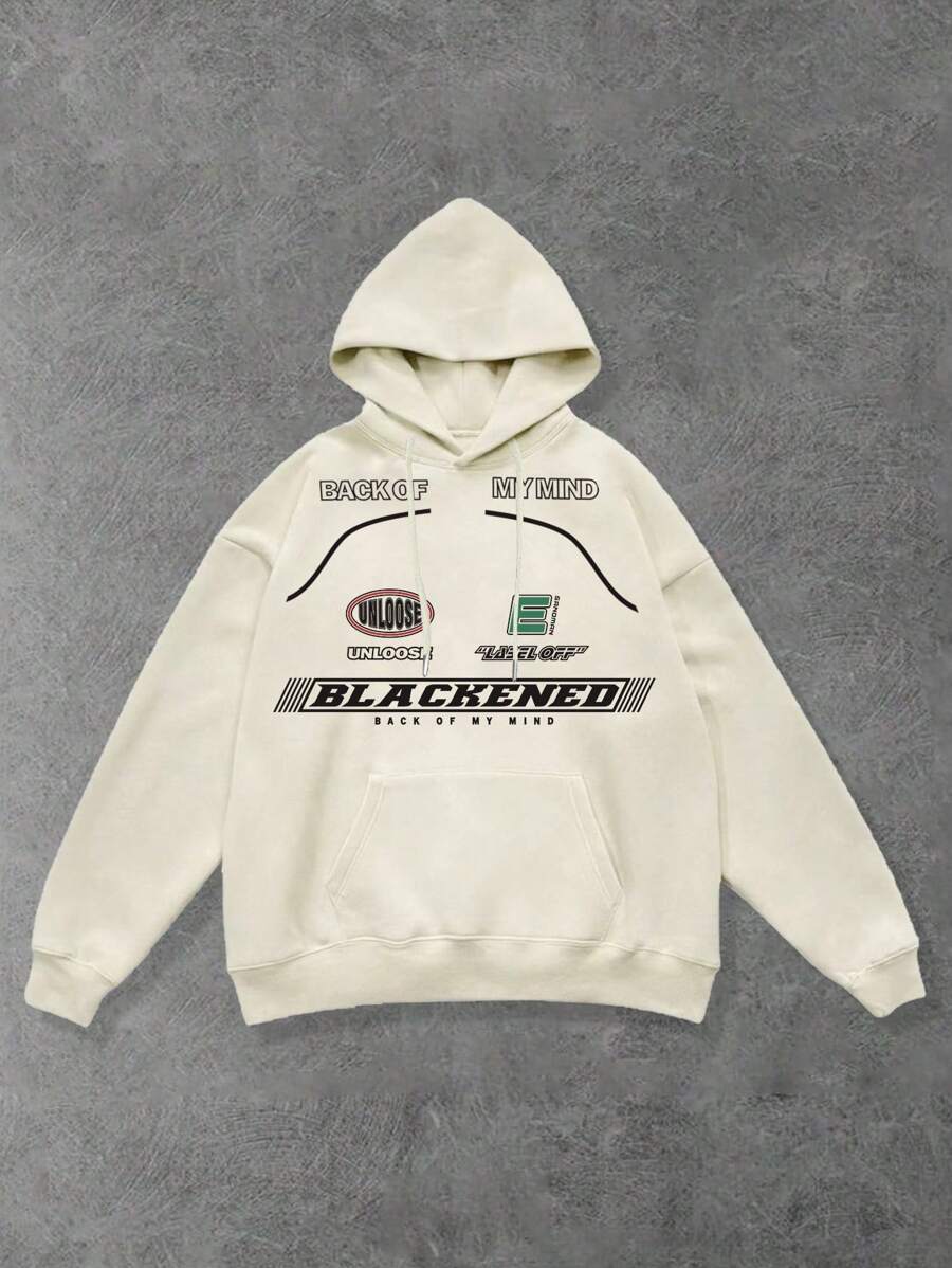 Print Hooded Sweatshirt For Men, Loose Fit Kangaroo Pocket Pullover, Versatile For Spring & Autumn