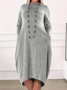 Plus Size Women Plain Knitted Long Sleeve Maxi Dress Ladies Solid Pockets Asymmetrical Casual Loose Baggy Dresses - Grey - View 4