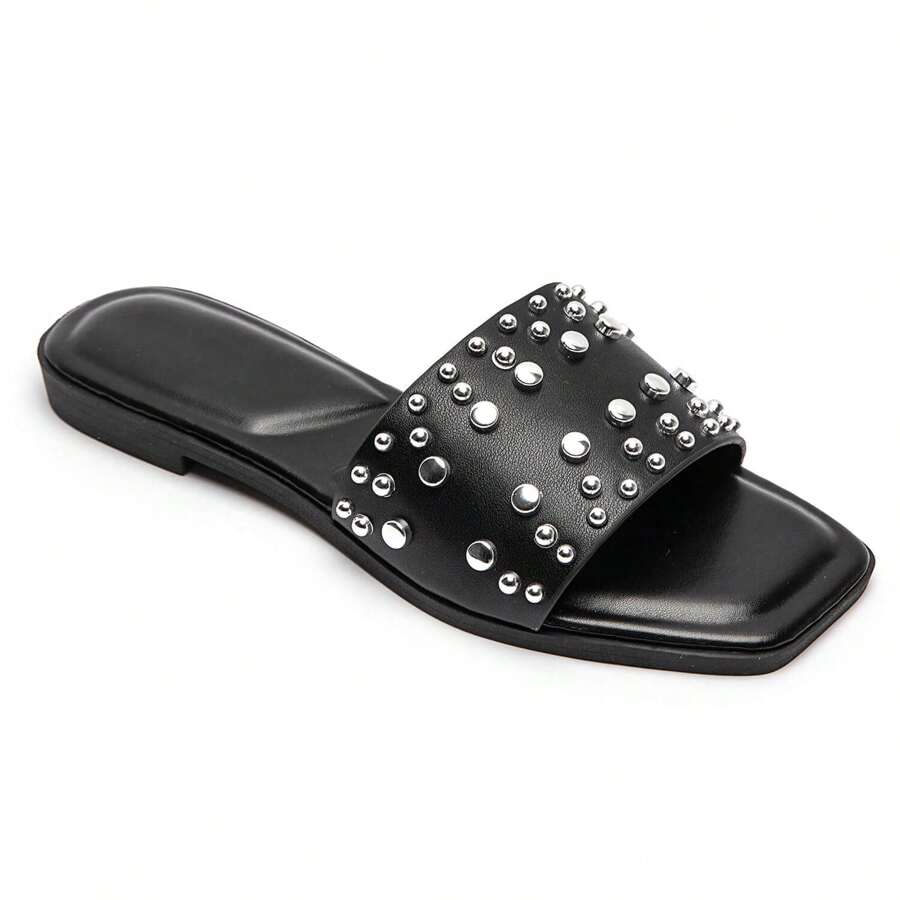 Rivet Strap Design Slippers, Ergonomic Footbed, Suitable For Casual Wear - Black - View 1