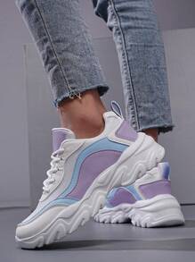 Colorful Leather Casual Sport Shoes, Comfortable, Fashionable, Lightweight, Women's Fashionable Breathable Casual Shoes, Low-Top Sneakers, Round Toe, Thick Sole, Lace-Up Closure, Student Running Shoes