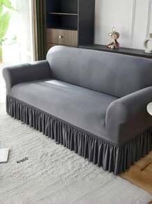 1pc Ruffled Sofa Cover, Decorative Elastic Sofa Slipcover, Floral Edge Single/Double/Three/Four Seater Sofa Cover, Solid Color Milk Silk Fabric Anti-Slip Sofa Protector, All Season - Dark Grey - View 2