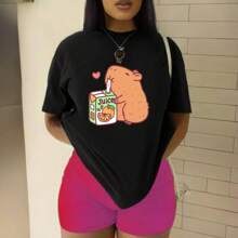 Playera Blusa Divertida De Capybara Tomando Jugo Ropa De Mujer Capibara - Negro - Ver 1