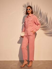 Crinkled Two Pocket Shirt & Pants 2 Pcs Set Women Pink Loungewear