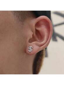 1 Pair Hiphop Style Earrings, Copper Framed Synthetic Zirconia Earrings With Dollar Sign Design, Minimalist & Personalized