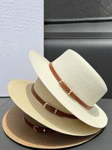 Wide Brim Sun Hat, Flat Top, Vintage Chic For Women, Suitable For Beach, Travel, Casual, Straw Braid, No Wind Protection, UVB Protection, Polyester Fiber, Spring/Summer